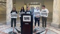 Supporters of BABE Vote, a student activist group, gathered at the Idaho Capitol, announcing a lawsuit to fight a new law that bans students from using student IDs to vote, on Friday, March 17, 2023, in Boise, Idaho. (Mia Maldonado/Idaho Statesman/Tribune News Service via Getty Images)