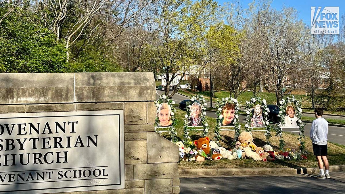 Memorials for the six victims who were killed in a mass shooting are placed outside of The Covenant School