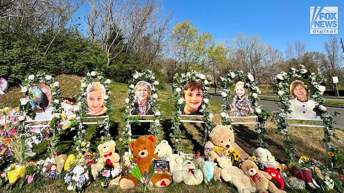 Memorials for the six victims who were killed in a mass shooting are placed outside of The Covenant School