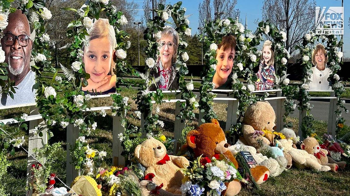 Memorials for the six victims who were killed in a mass shooting are placed outside of The Covenant School