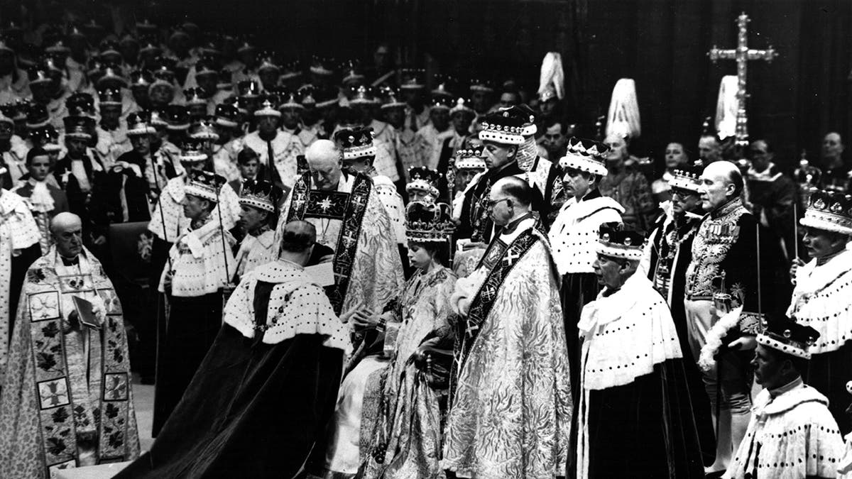 A black and white photo of Queen Elizabeth's coronation in 1953