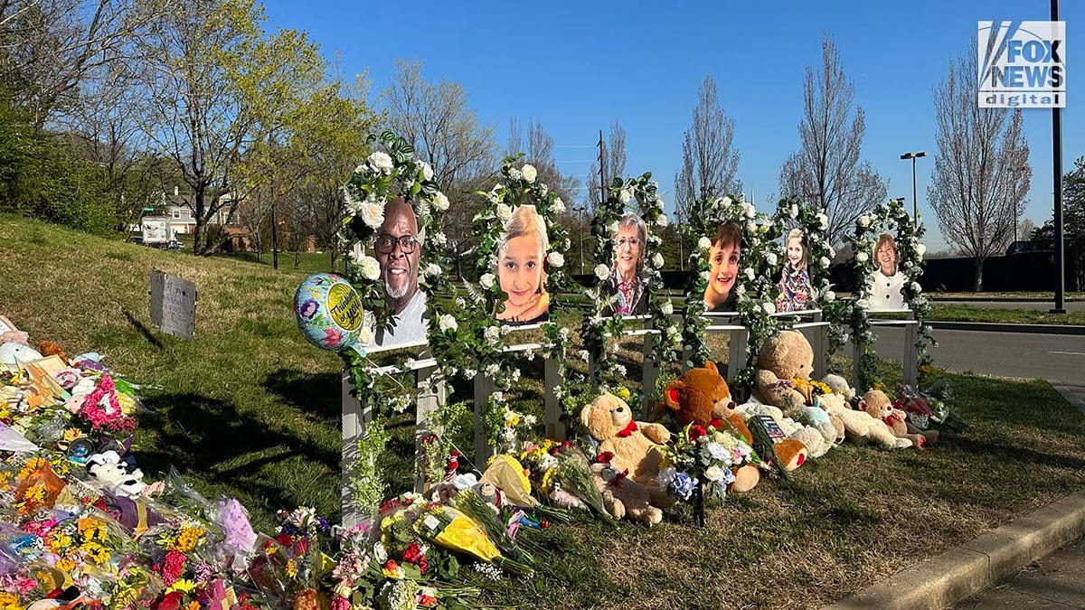 Memorials for the six victims who were killed in a mass shooting are placed outside of The Covenant School