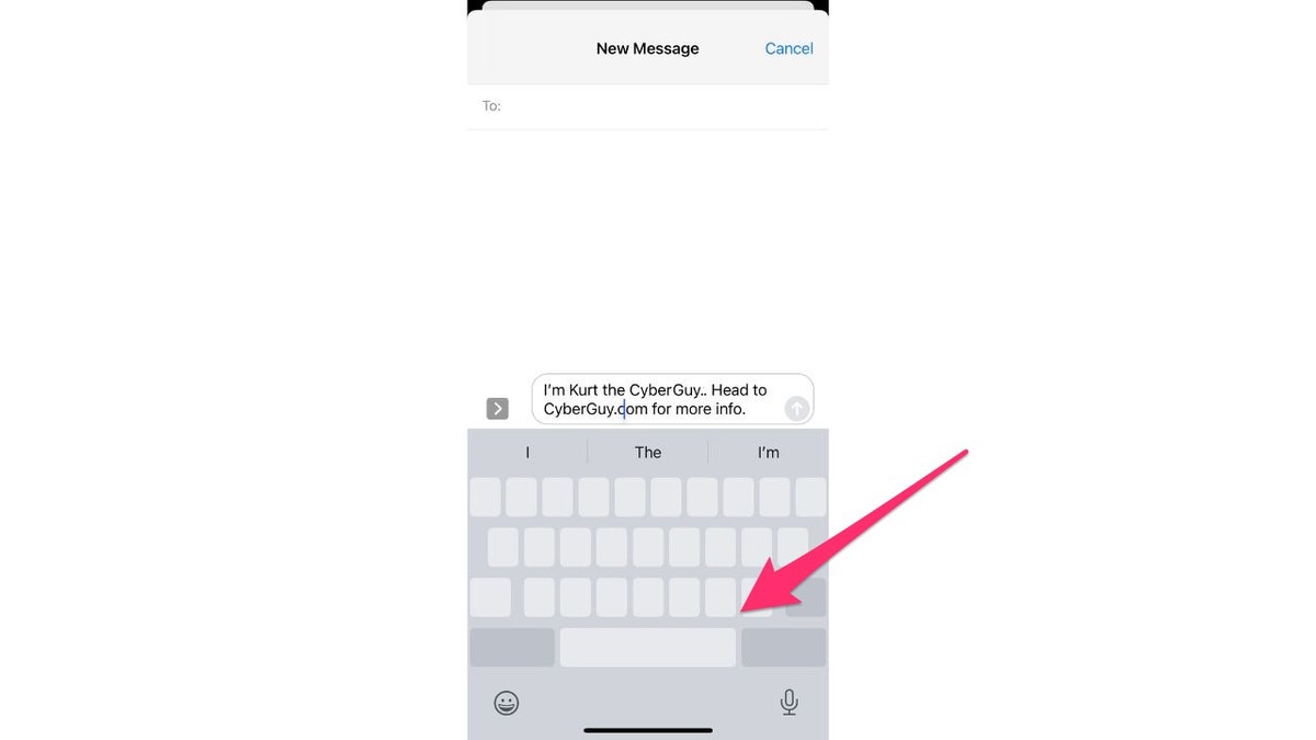 Screenshot of iPhone message screen with an arrow pointing at the space bar