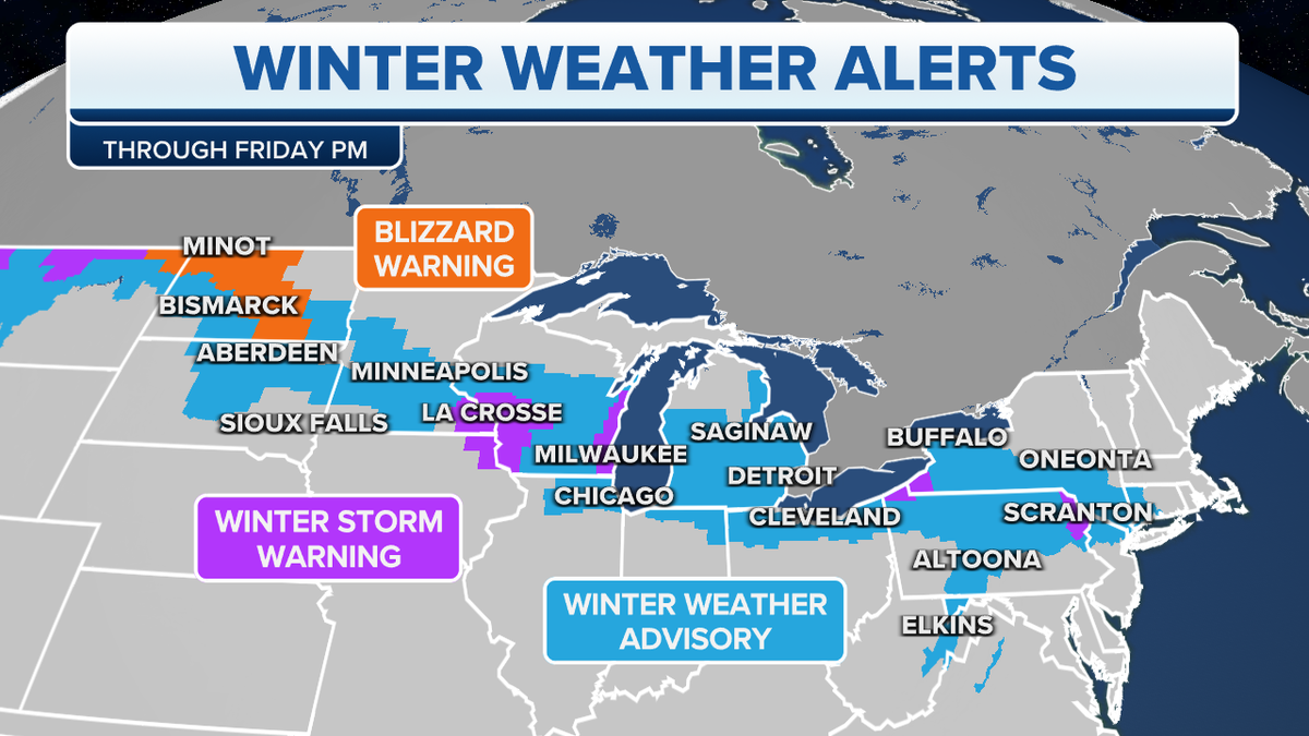 Winter weather alerts in the Great Lakes, Midwest regions