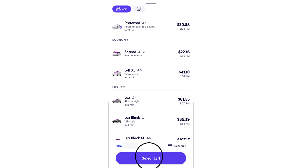 Screenshot of Lyft options