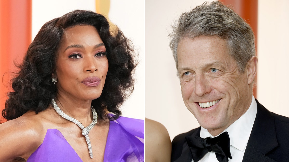 Angela Bassett in a tulle purple gown on the red carpet at the Oscars with a drop necklace split Hugh Grant looking to his right in a black tuxedo on the Oscar's red carpet
