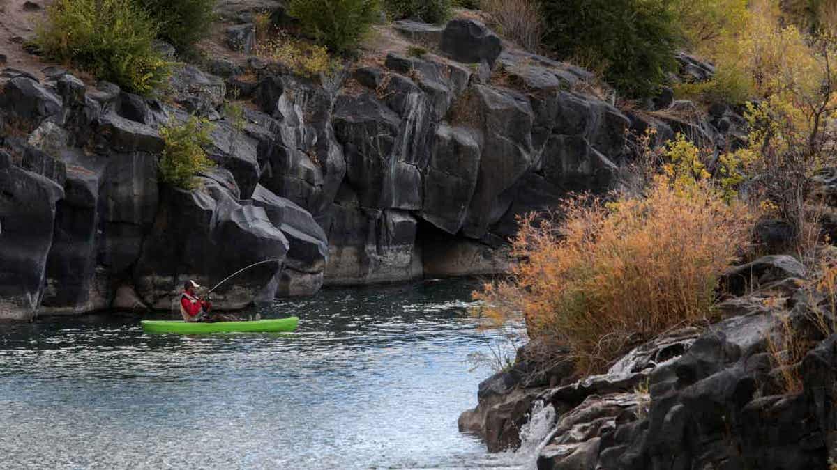 A man hooks a fish on the Snake River