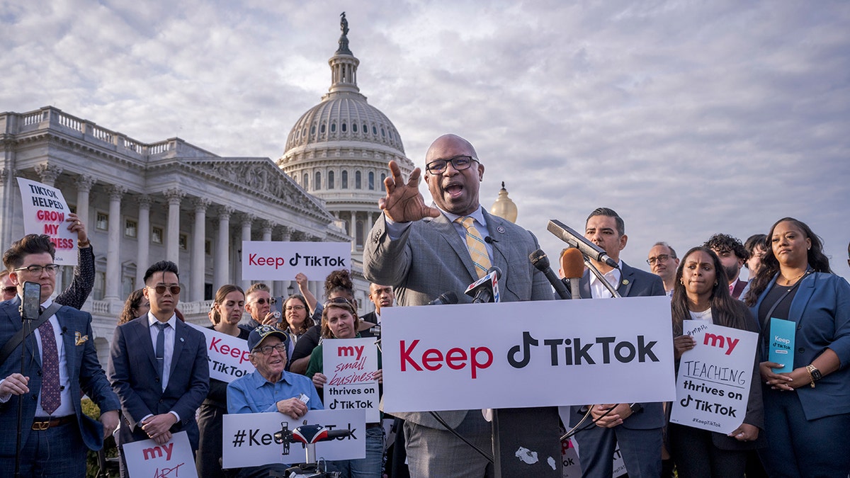 Rep. Bowman speaking at a Keep TikTok rally on Capitol Hill, March 2023
