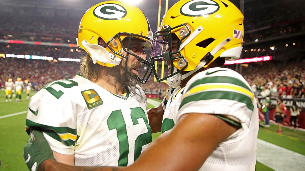 Green Bay, WI, USA. 15th Nov, 2020. Green Bay Packers quarterback Aaron  Rodgers #12 talks with the FOX Sports after the NFL Football game between  the Jacksonville Jaguars and the Green Bay