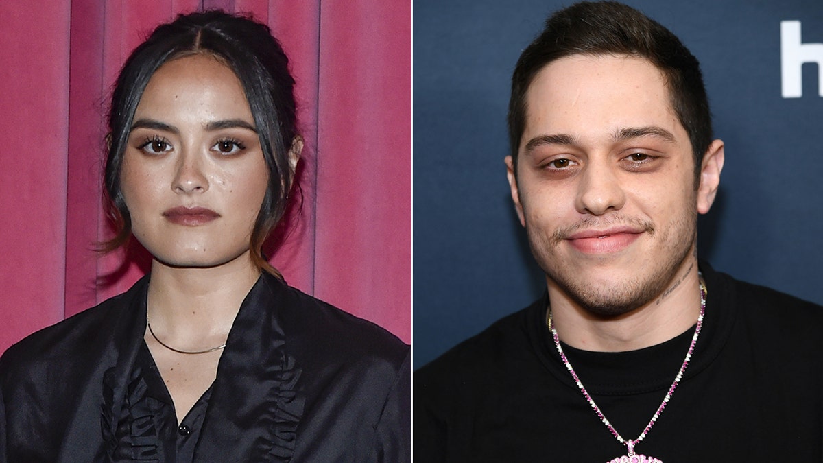 Chase Sui Wonders in a black ruffled top appears stoic on the red carpet split Pete Davidson smirks with a black shirt and chain necklace