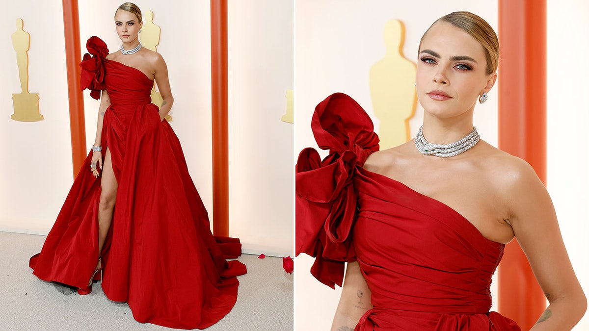 Cara Delevigne at the Oscars in a red dress.