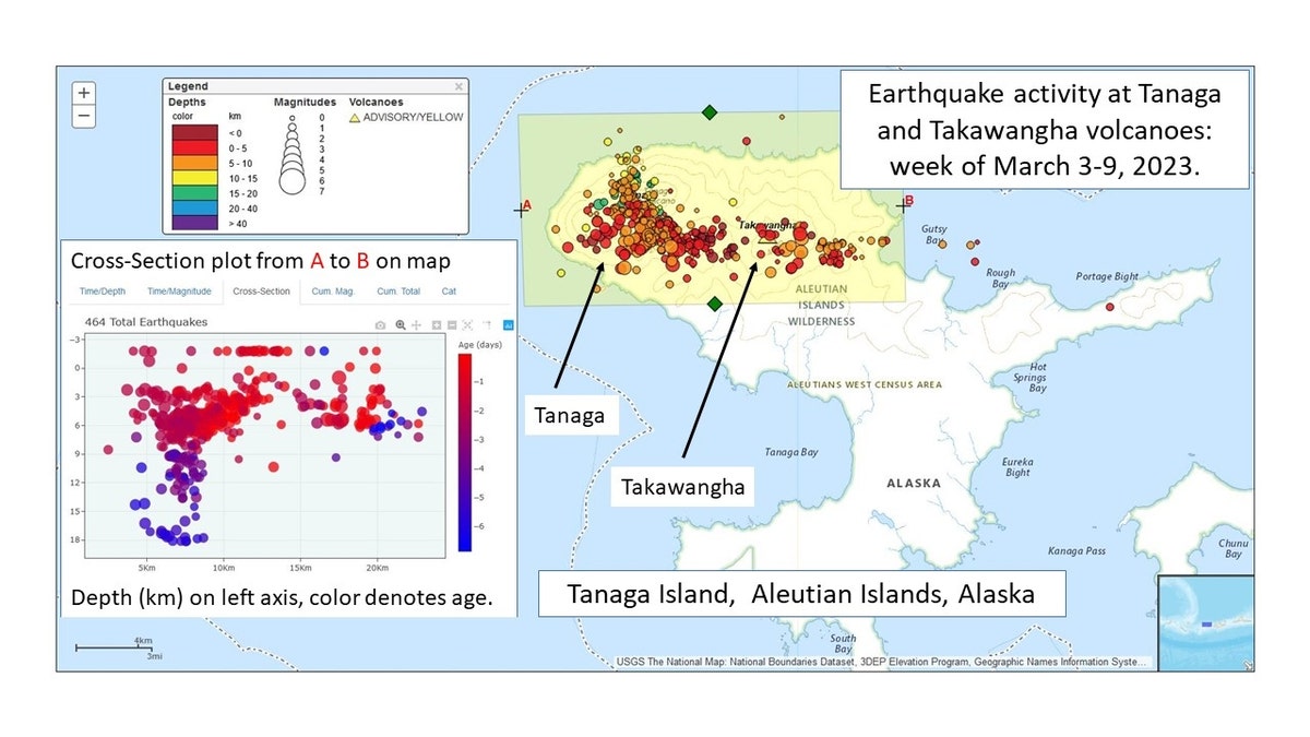 A chart showing earthquake activity under Tanaga Island