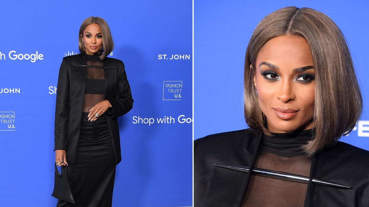 Ciara in a black outfit split with close up picture of jacket detail