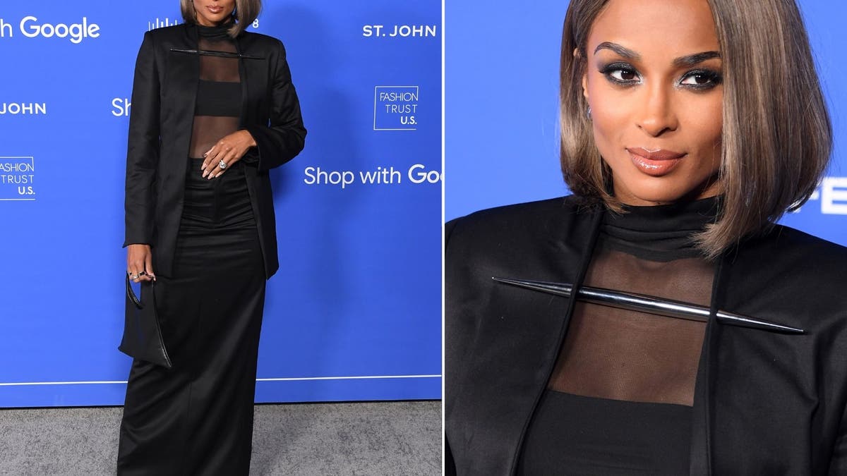 Ciara in a black outfit split with close up picture of jacket detail