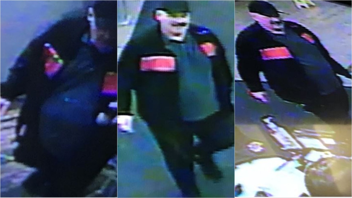 surveillance camera shots of man in hat, dark colored jacket