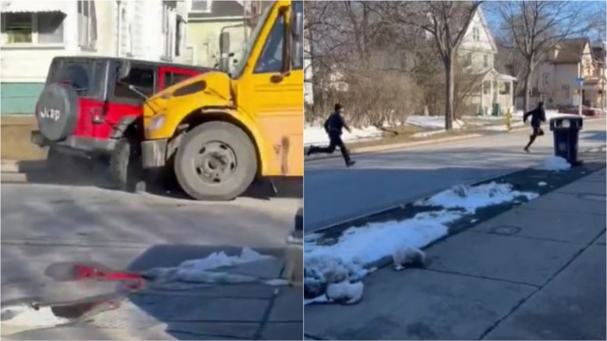 New York carjacking suspects crash into bus full of children while fleeing police: Video