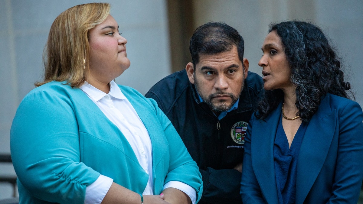 LA. City Council members Eunisses Hernandez, left, Hugo Soto-Martinez and Nithya Raman at a press conference