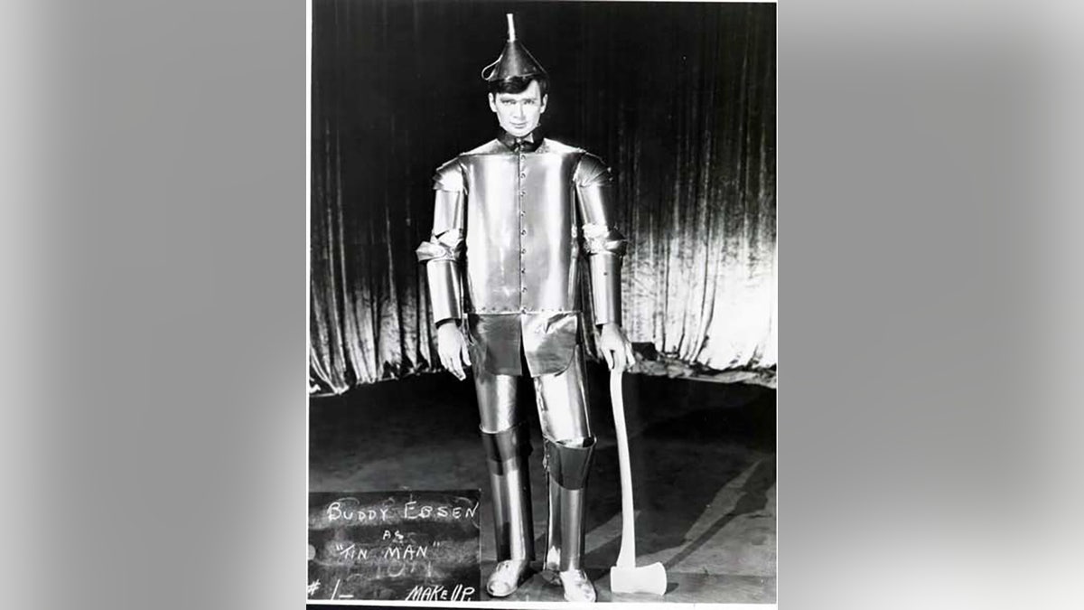 A black and white photo of Buddy Ebsen in costume as the Tin Woodman
