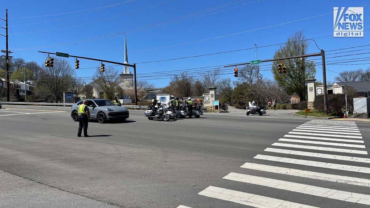 Police cordon off an area after reports of a shooting at The Covenant School.