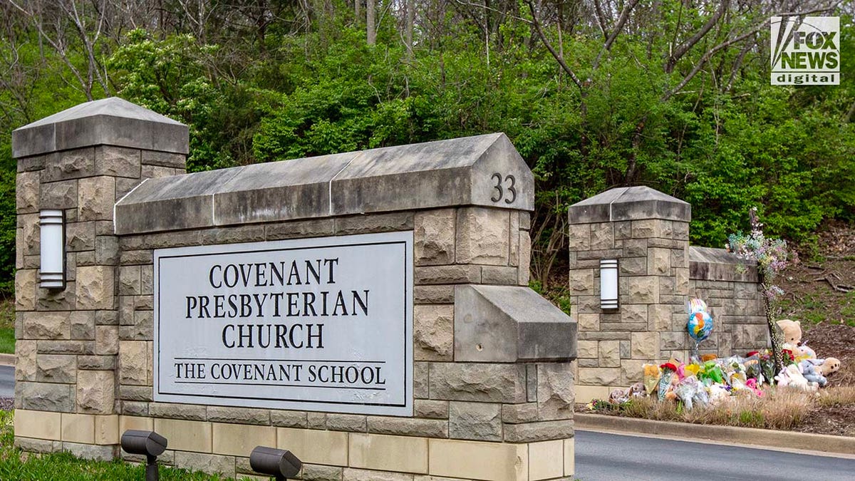 Memorials for the six victims who were killed in a mass shooting are placed outside of The Covenant School