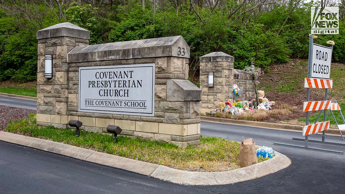 Memorials for the six victims who were killed in a mass shooting are placed outside of The Covenant School