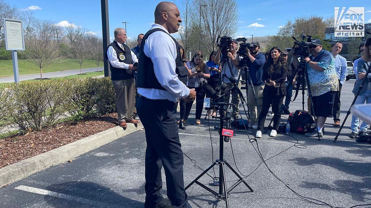 Dwayne Greene speaks to the media regarding a shooting at The Covenant School