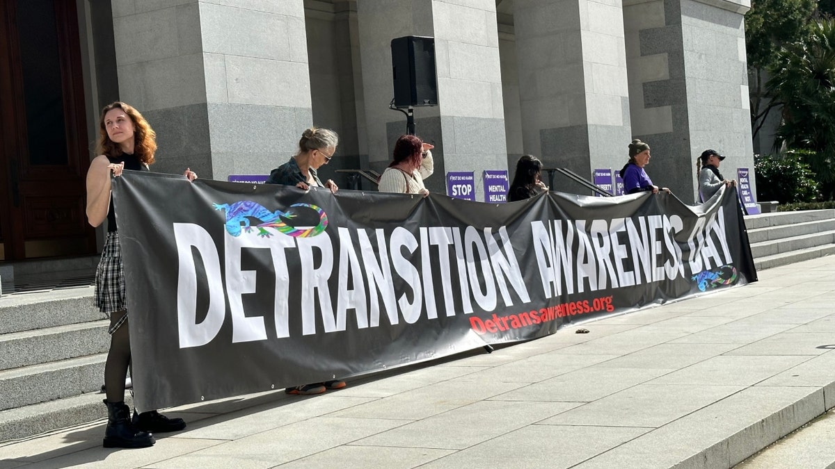 Advocates hold up "Detransition Awareness Day" banner