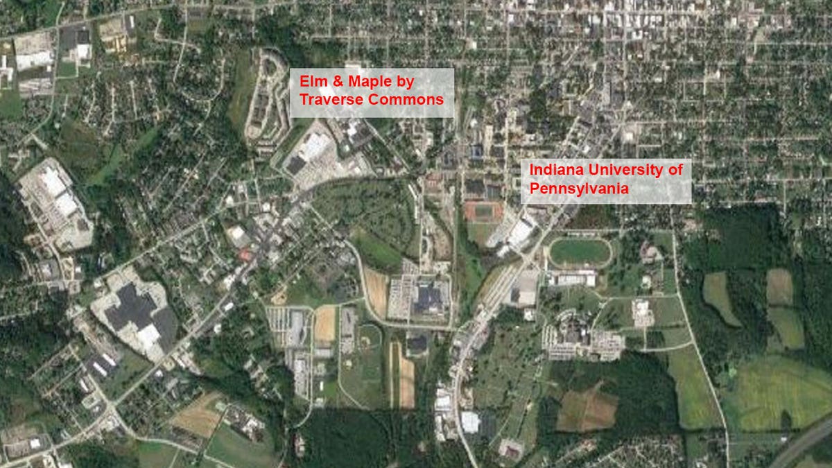 Aerial map of Elm & Maple by Traverse Commons and Indiana University of Pennsylvania.