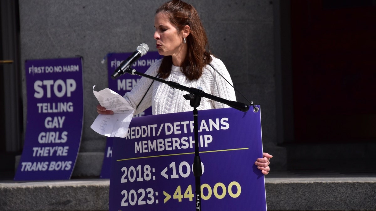 Erin Friday speaks at Detransition Awareness Day rally