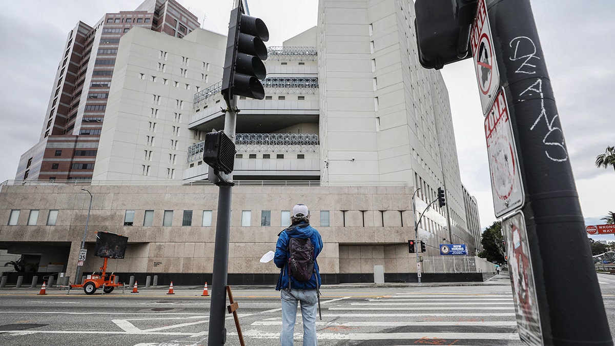 A photo from outside the Metropolitan Detention Center in downtown Los Angeles 