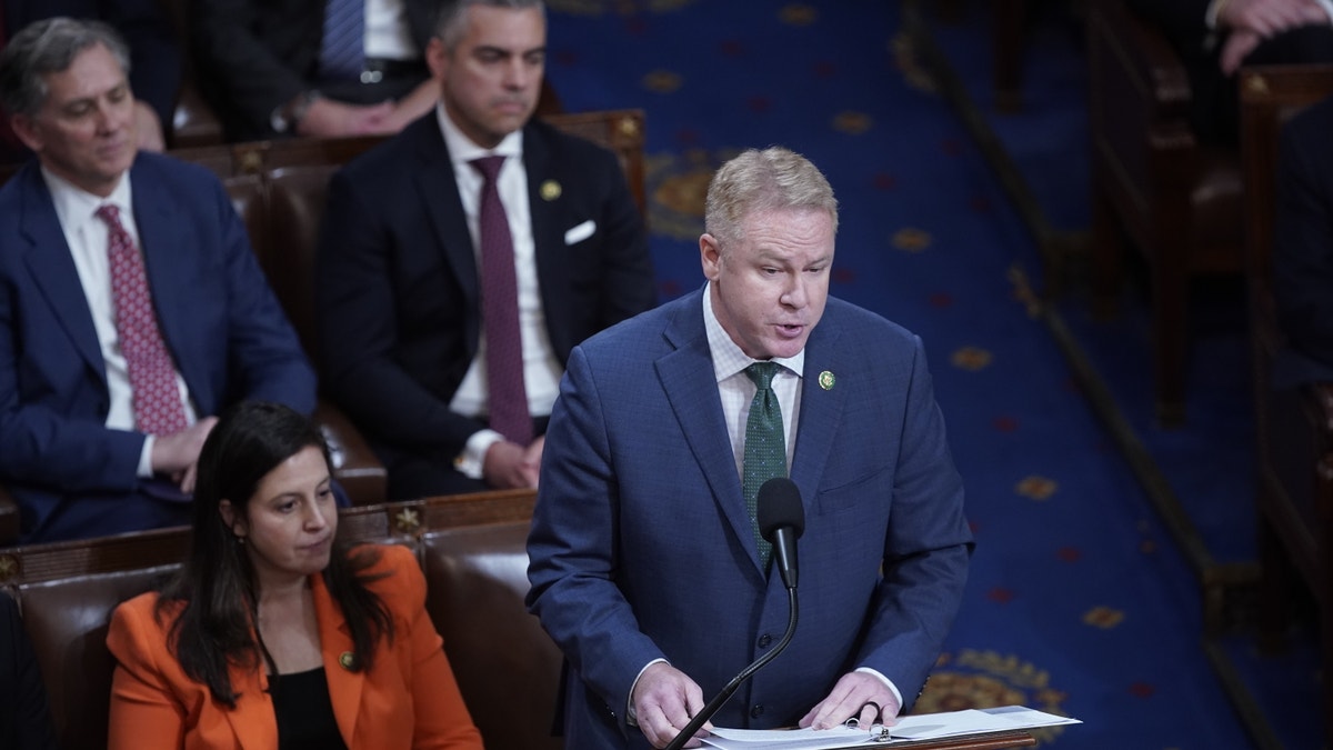 Representative Warren Davidson, a Republican from Ohio, nominates Representative Kevin McCarthy, a Republican from California, during a meeting of the 118th Congress in the House Chamber at the US Capitol in Washington, DC, US, on Wednesday, Jan. 4, 2023. McCarthy and his lieutenants abandoned plans to seek to adjourn the House immediately after convening at noon, moving instead to a fourth vote for the next speaker. Photographer: Al Drago/Bloomberg via Getty Images