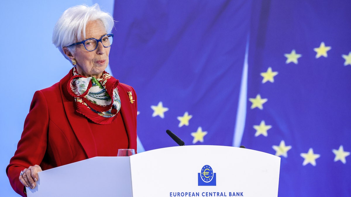 Christine Lagarde, president of the European Central Bank (ECB), at a rates decision news conference in Frankfurt, Germany, on Thursday, March 16, 2023.?The European Central Bank went ahead with a planned half-point increase in interest rates but was silent on what may follow amid market turmoil that roiled Credit Suisse Group AG. Photographer: Alex Kraus/Bloomberg