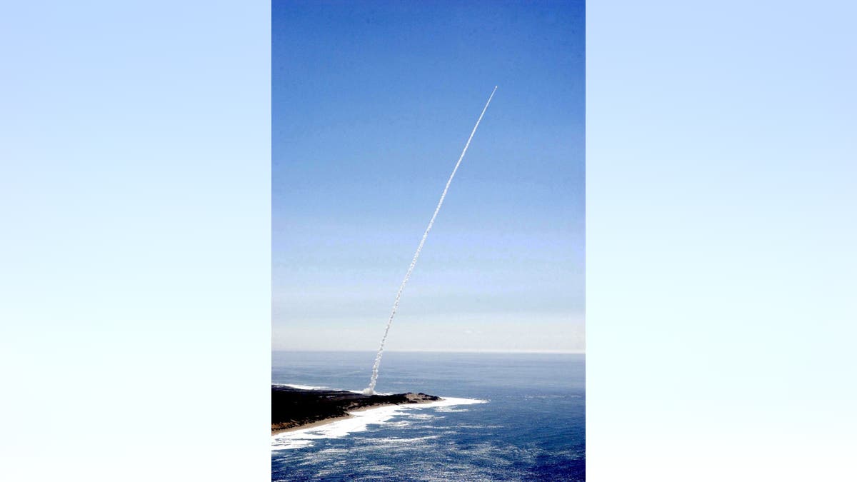 An Aries ballistic missile target is seen seconds after lift-off from the Pacific Missile Range Facility, Barking Sands, Kauai, Hawaii.