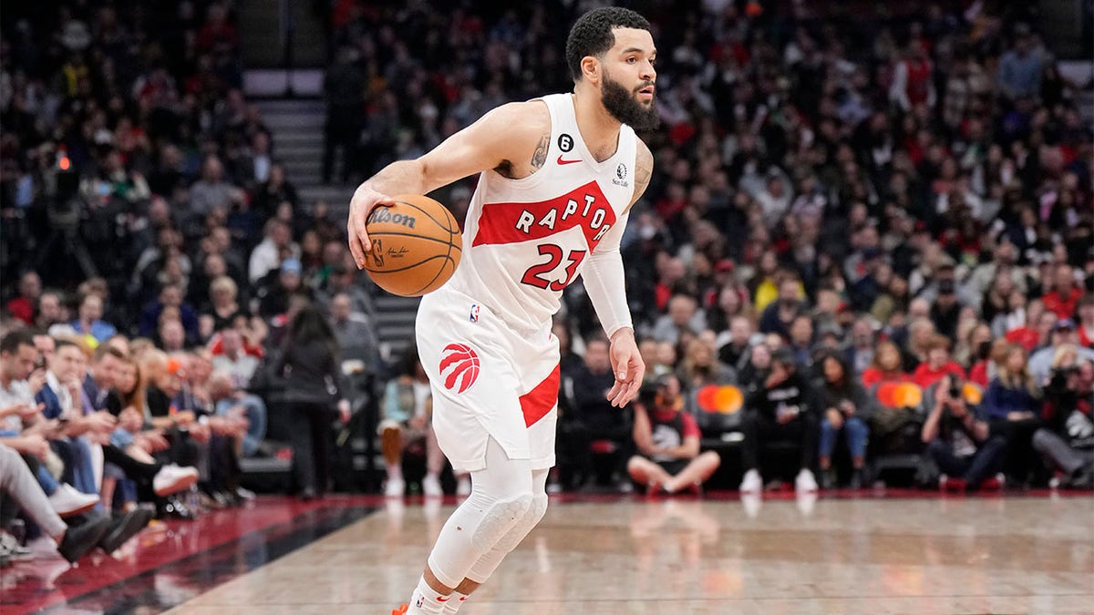 Fred VanVleet of the Toronto Raptors rips his jersey during the first  News Photo - Getty Images