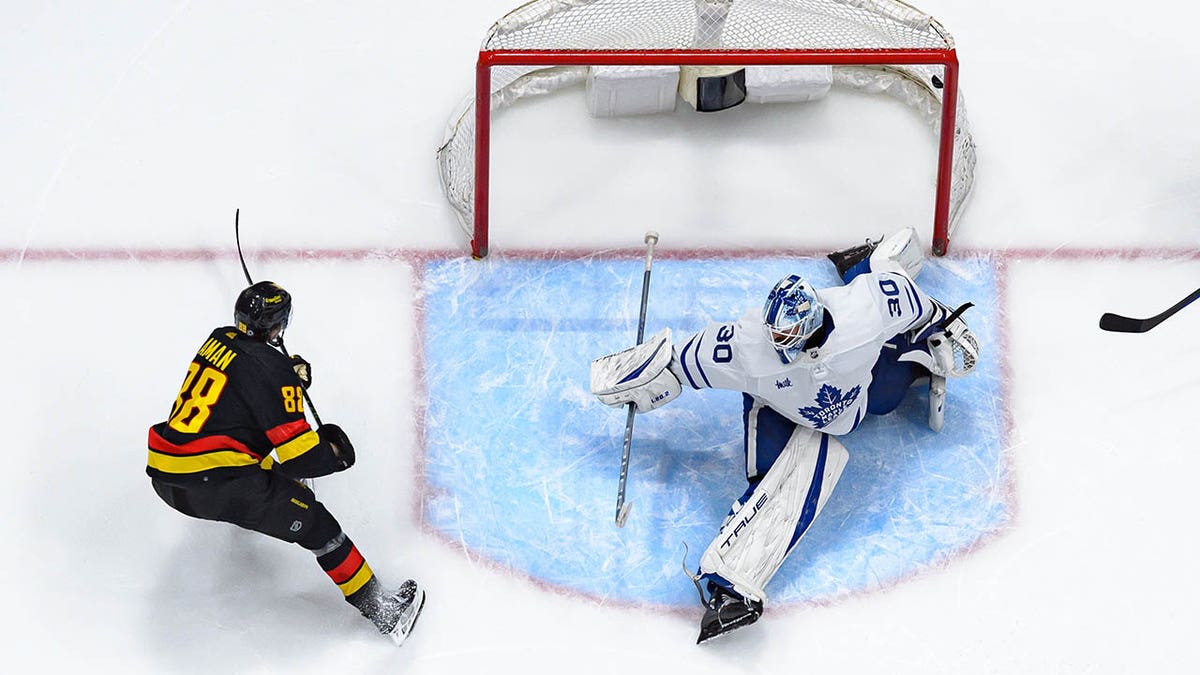 An aerial photo of a Canucks goal