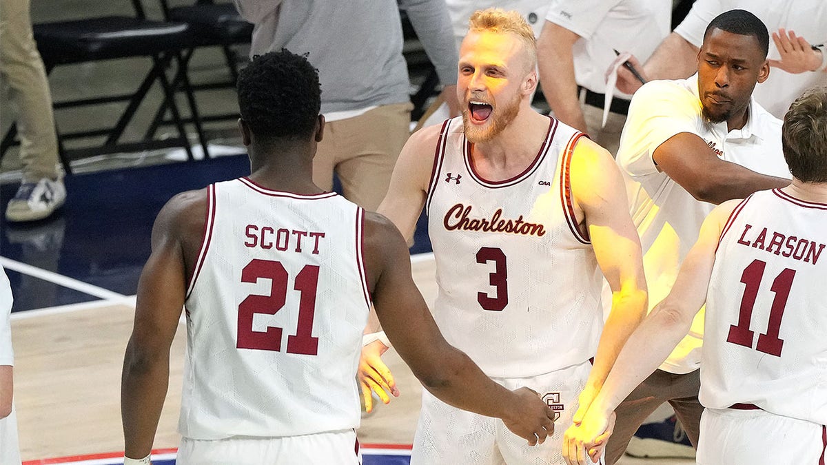 Dalton Bolon celebrates after winning the CAA tournament