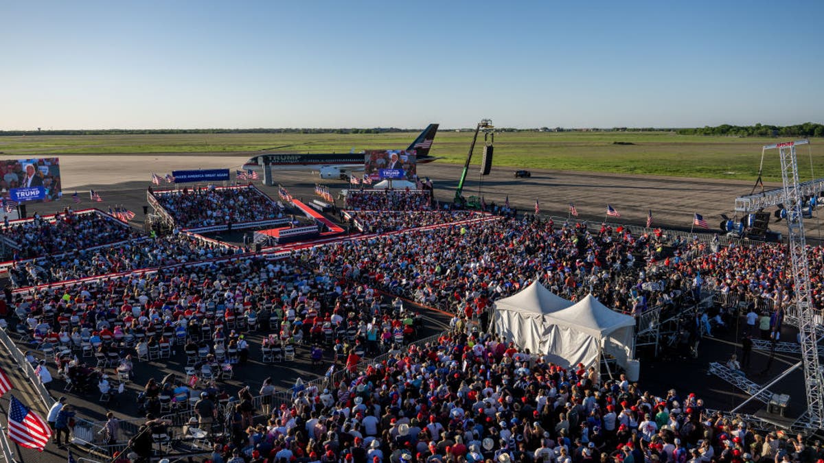 An aerial view of Trump's first 2024 presidential campaign rally in Waco, Texas..