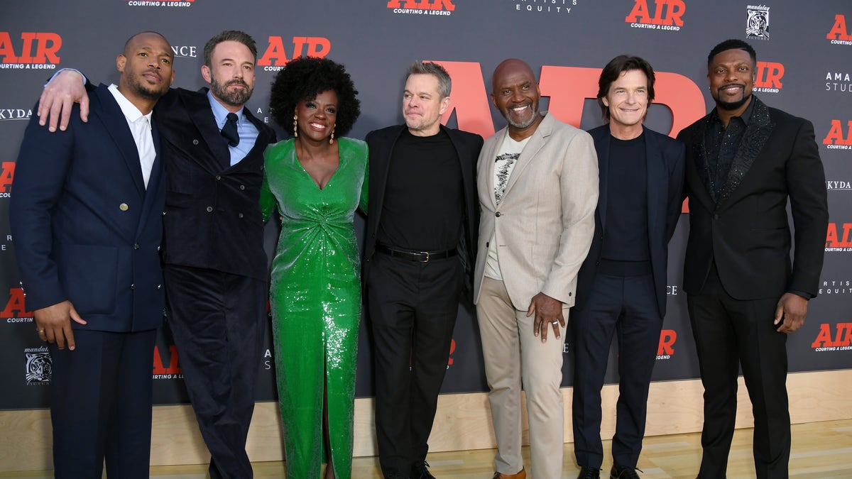 Marlon Wayans, Ben Affleck, Viola Davis, Matt Damon, Julius Tennon, Jason Bateman, and Chris Tucker pose at the "Air" premiere in Los Angeles