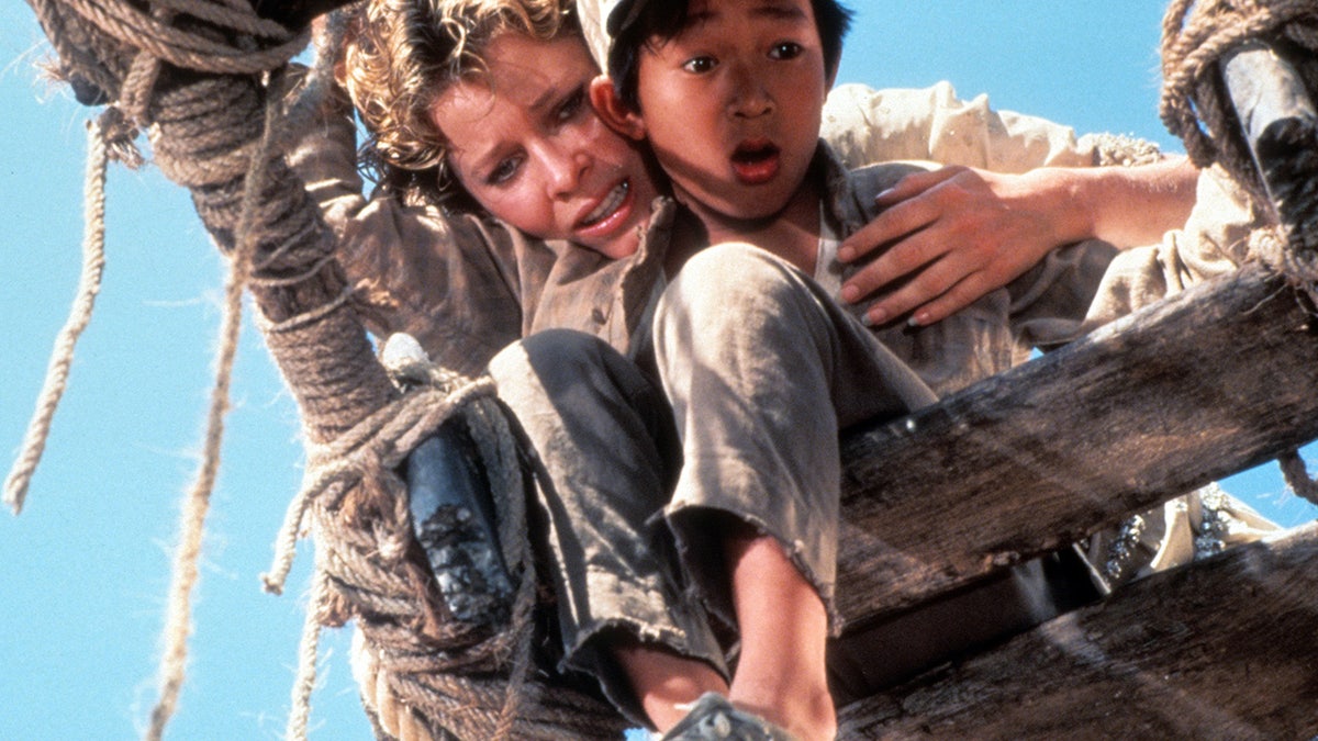 Ke Huy Quan and Kate Capshaw filming a scene for "Temple of Doom"