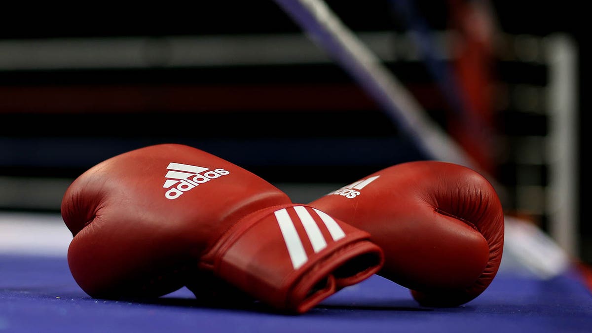 Boxing gloves on the ring floor