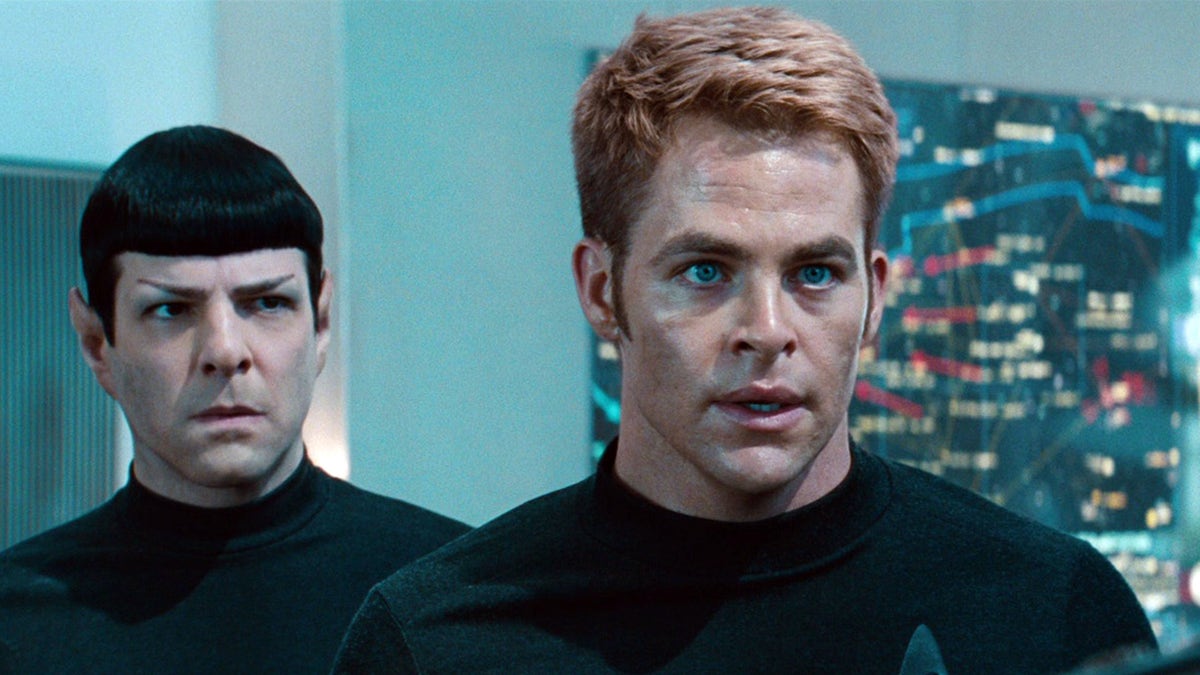 Chris Pine in black Star Trek shirt with Zachary Quinto in black Star Trek shirt