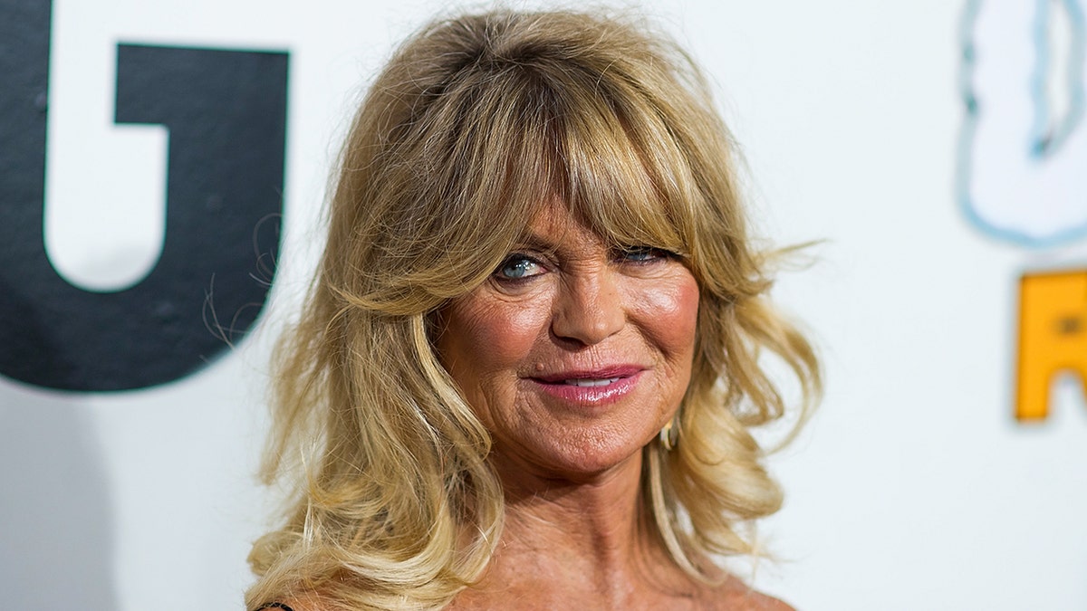 Goldie Hawn looks off-camera with bouncy blonde hair on a red carpet in New York City