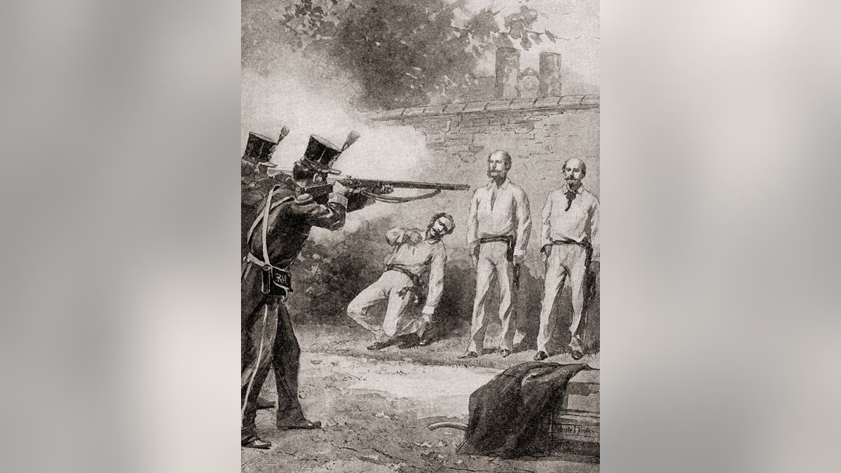 Black and white drawing of firing squad from 1867