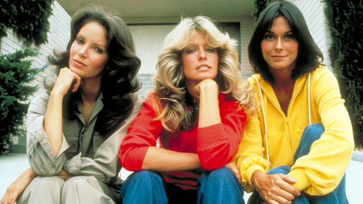 A close-up of the Charlie's Angels cast including Farrah Fawcett