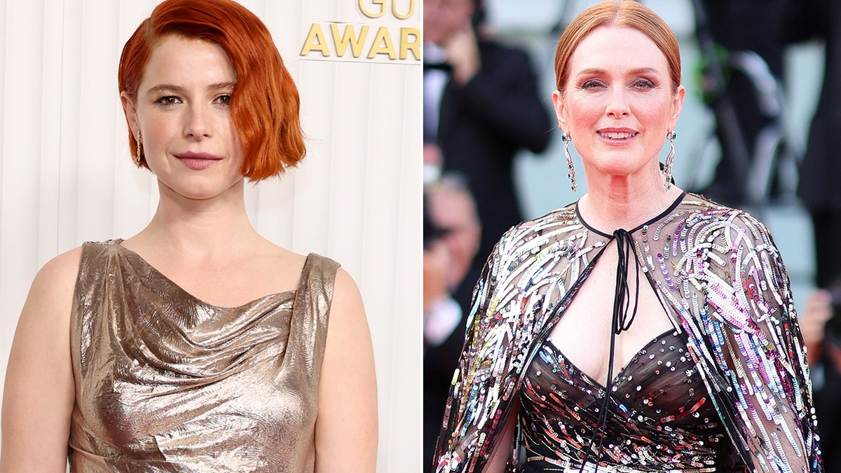 A side-by-side photo of actresses Jessie Buckley and Julianne Moore