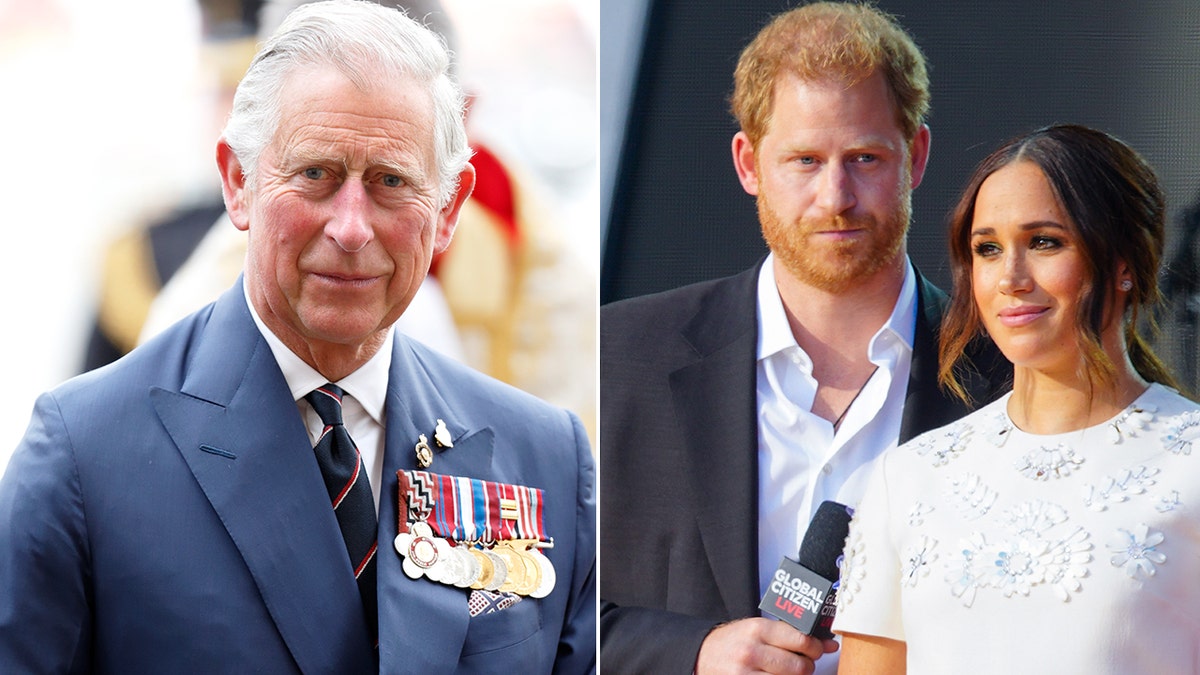 A split image of King Charles and Prince Harry and Meghan Markle looking serious.