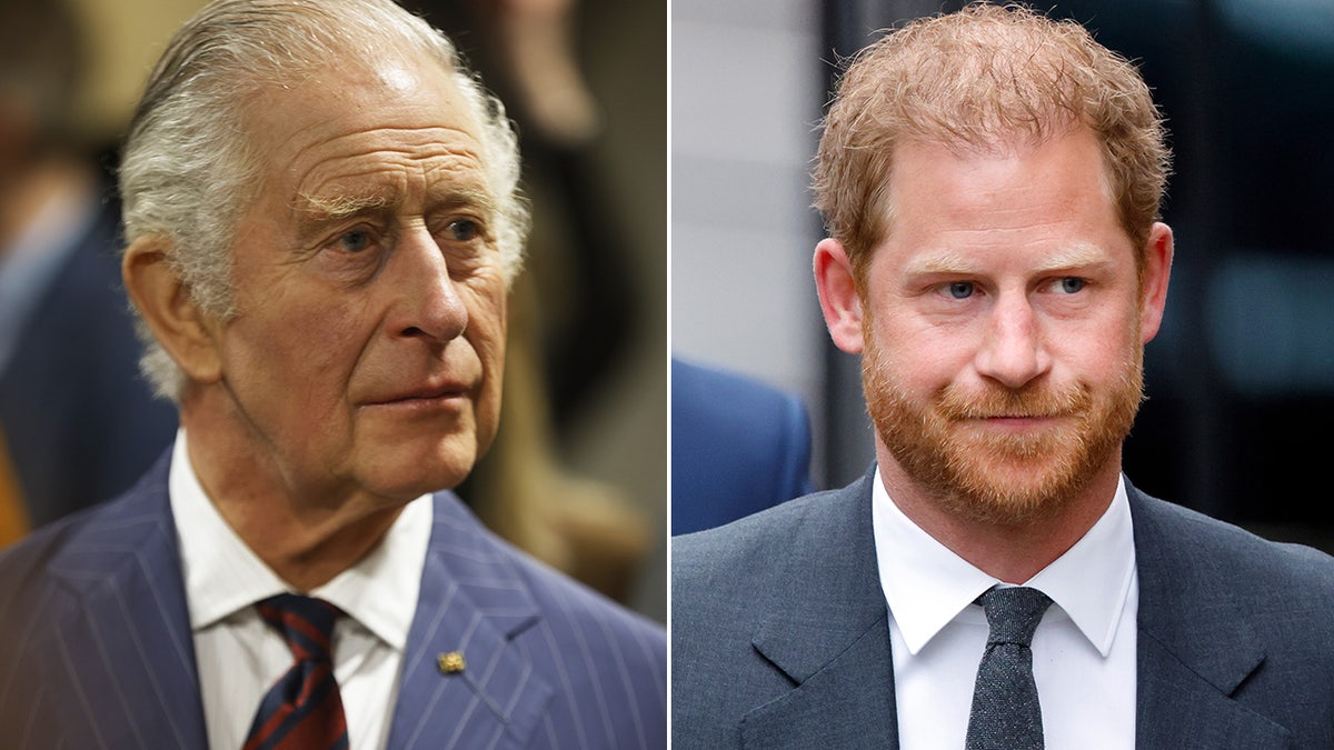 A split image of King Charles III and Prince Harry