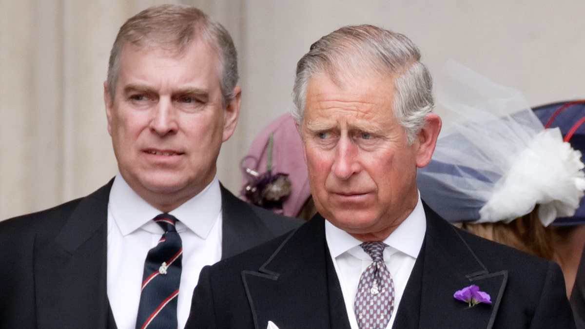 Prince Andrew and King Charles looking serious in suits away from the camera