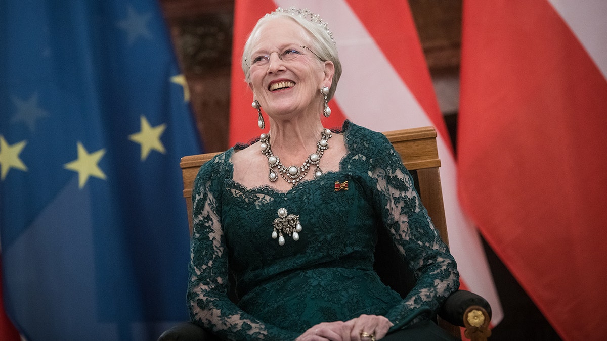 Queen Margrethe II of Denmark attends a state banquet in Bellevue Palace