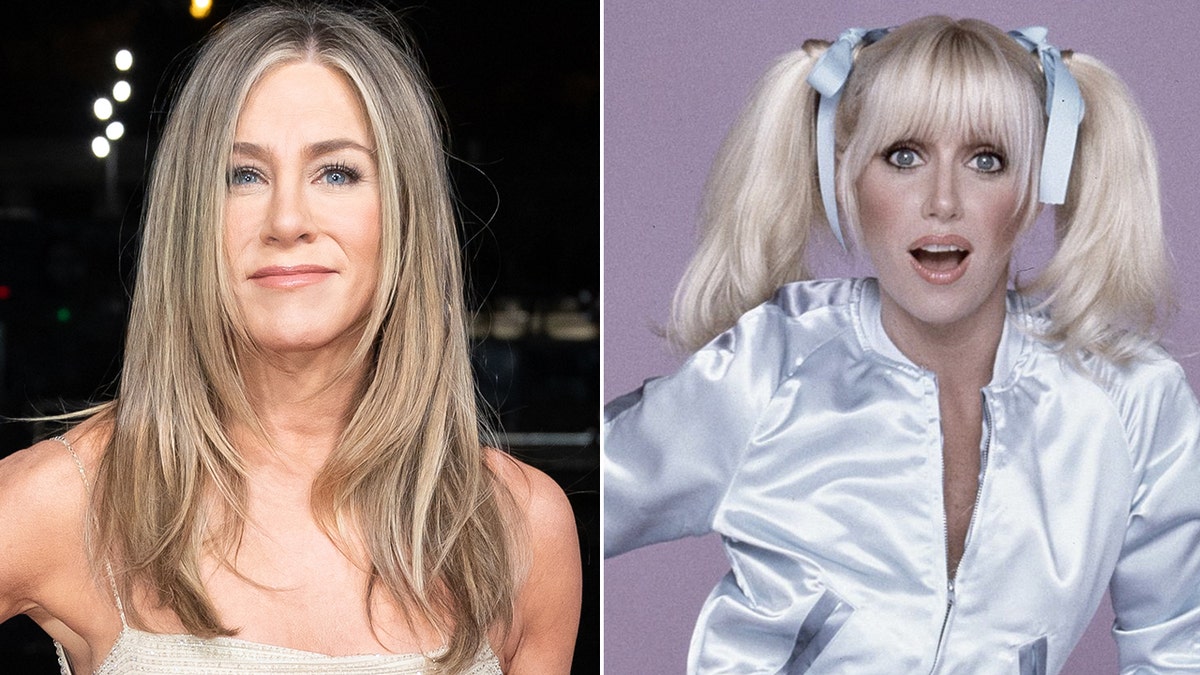 A split side by side image of Jennifer Aniston and Suzanne Somers as Chrissy Snow
